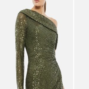 Sequined drop shoulder faux wrap gown in olive size 8
